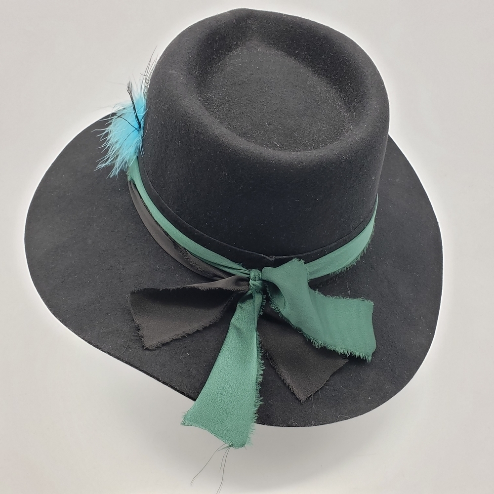 Lack Of Color Med 57cm Black Wool Hat Blue Feather green black band embroidered - Picture 3 of 11